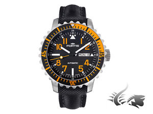 Fortis Marinemaster Automatic Watch, ETA 2836-2, Black-Orange, Textile strap