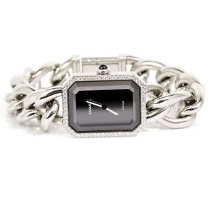 Authentic CHANEL Premiere L Silver & Black Diamonds Vezel Ladies Wristwatch Q152