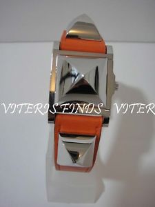 Authentic Hermes Medor Orange Leather Silver Hardware White Dial Watch ME3.210