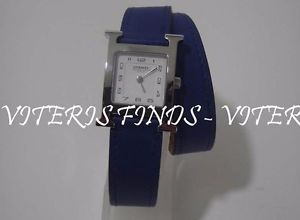 Auth NEW Hermes H Hour Heure PM Royal Blue Leather Double Tour Watch HH1.210