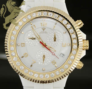 2.85ct Mens Aqua Master White ceramic Diamond Watch Yellow Stainless Steel