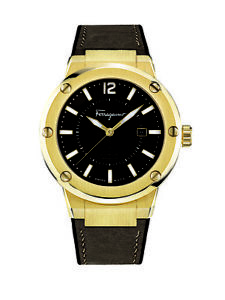 Ferragamo Men's FIF060016  F-80 Gold IP Brown Leather Brown Dial Date Watch