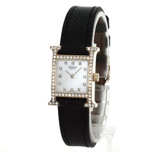 Authentic HERMES H Watch Diamond Watches  18K pink gold/leather Women