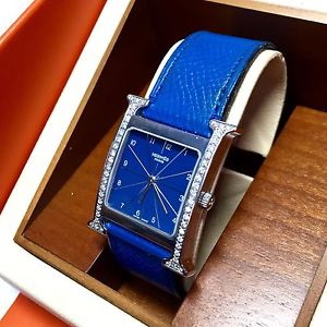 29.5mm HERMÈS SS Ladies/Unisex Watch w/ Original Blue Leather Band In Box