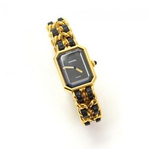 Chanel Premiere Ladies Gold Plated Quartz Black Leather Wrist Watch M Size CF269
