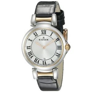 Edox 57002 357RC AR Womens Silver Dial Analog Quartz Watch with Leather Strap