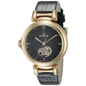 Edox 85025 37RC NIR Womens Black Dial Analog Automatic Watch with Leather Strap