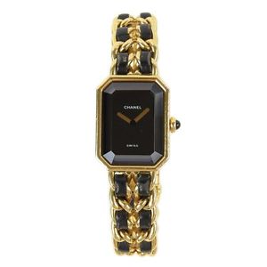 Auth CHANEL CC GP/Leather Black/Gold Premier L Wrist watch Switzerland:Y13689_g_