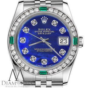 Ladies Rolex 26mm Datejust Blue Color Treated MOP Emerald Diamond Watch