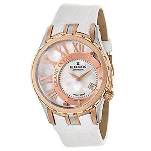 Edox 37008-1-357R-NAIR Womens White Dial Automatic Watch with Leather Strap