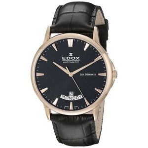 Edox 83015 37R NIR Mens Black Dial Analog Automatic Watch with Leather Strap