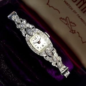 Gorgeous BENRUS Platinum & 14K White Gold Ladies Watch w Factory DIAMONDS in BOX