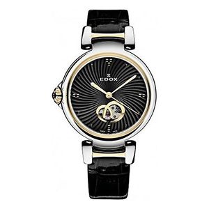 Edox 85025 357RC NIR Womens Black Dial Analog Automatic Watch with Leather Strap