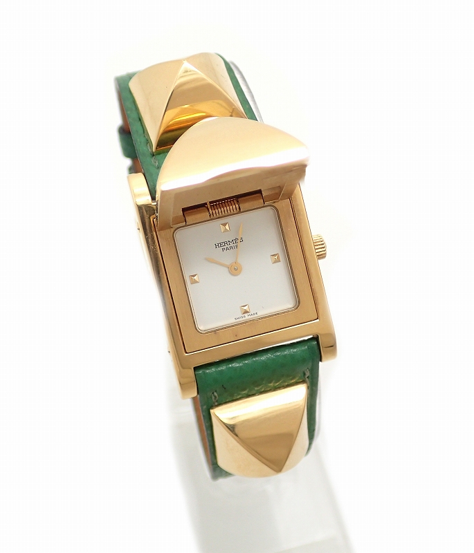HERMES Medoru White dial Gold Green Ladies QZ quartz watch engraved â—‹ X
