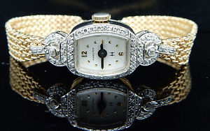 Antique Ladies HAMILTON 0.60cttw F/VS Diamond Platinum 14K Gold Wrist Watch