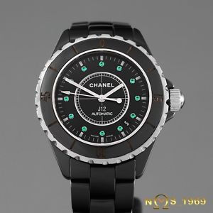 CHANEL J12 H2131 BLACK CERAMIC EMERALD DIAL AUTOMATIC BOX & PAPERS