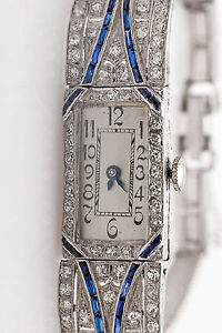 Antique $10,000 4ct VS G Diamond Blue Sapphire French Cut Platinum Ladies Watch