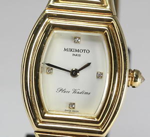 Auth Mikimoto 18k Yellow Gold/Leather Diamond Ladies Quartz Wrist Watch_301253