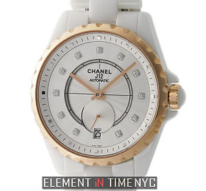 Chanel J12 Ceramic & 18k Rose Gold 37mm White Diamond Dial H4359 NOS