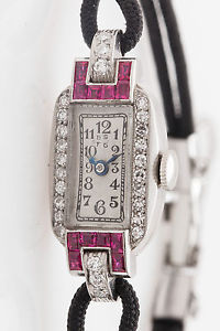 Antique 1940s Black Starr & Frost 2ct Natural Ruby Diamond Platinum Ladies Watch