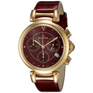 Edox 10220 37RC ROUIR Womens Red Dial Analog Quartz Watch with Leather Strap
