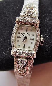 Exquisite 14K White Gold Diamond Encrusted Ladies Hamilton 22J Wrist Watch