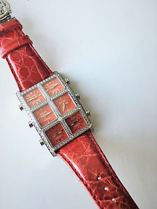 Authentic IceLink Red Dial 6 Time Zone Senator Small Case 3.50ct Diamond Watch