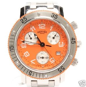 Auth HERMES Clipper Diver CL2.916 SS Chronograph Orange dial Men's watch