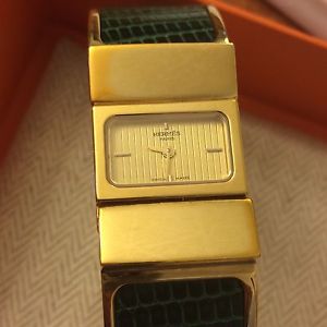HERMES LOQUET GOLD HARDWARE SNAKE EMBOSSED LADIES WATCH GREEN BAND