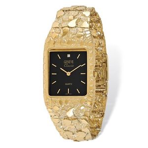 14KT. YELLOW GOLD SQUARE NUGGET MENS WATCH BLACK DIAL FREE SHIPPING!!