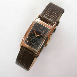 GENTS 1930's GRUEN 22 X 40MM 14K SOLID PINK GOLD 17J CURVEX WATCH AND NEW BAND