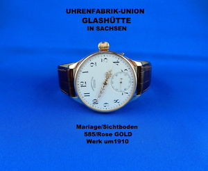 Glashütte Union 585/Rose Gold Mariage-Sichtboden T.Uhrwerk v.1910 mit Kasten/Pap