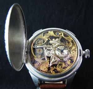 Antique 1890 HEBDOMAS 8 Days SKELETON Deco Wristwatch All Engraved HUNTING SCENE