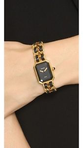 CHANEL Premiere Black Gold Toned Leather Metal Chain Crystal Dial Watch