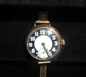 Antique vintage gold 14KT trench wrist watch guard military black white dial WW1