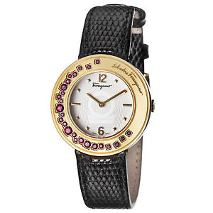Ferragamo Women's FF5930015 GANCINO SPARKLING Gold IP Stones Black Leather Watch