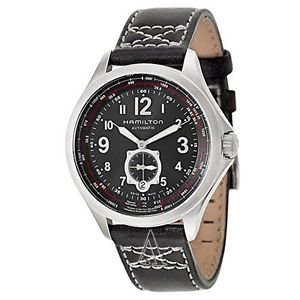 Hamilton H76655733 Mens Black Dial Analog Automatic Watch with Leather Strap