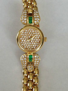 Lalanne Swiss Quartz watch 18k Yellow Gold Diamonds and Emerald