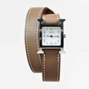 Hermes Taupe Calfskin & Stainless Steel Double Tour Strap "Heure H PM" Watch