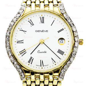 GENEVA Swiss 14k Yellow Gold Diamond Unisex Dress Watch