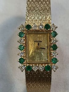 Ladies  Solid 14k Yellow Gold  Watch with Genuine Emeralds and Diamonds 1.22 TCW