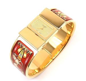 CHIC! Hermes Loquet Gold-Plated SS White Horses on Red Field Enamel Wristwatch