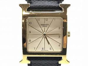 Auth Hermes Calfskin Leather Heure H Watch Black/ Gold