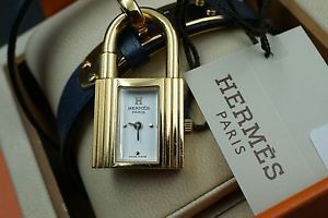 Hermes Kelly PM Double Watch Blue Gray Leather White Dial Buckle Box NWT W122