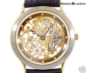 Auth MAURICE LACROIX Skelton 12988-5801 SS x YGP x Leather Hand-winding Men's
