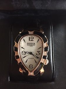Dedia Lily Tea Black Leather Rose Gold And Diamond Wrist Watch (New With Box)