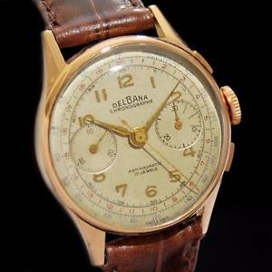 GENUINE VINTAGE CHRONOGRAPH SIGNED DELBANA ALL 18K SOLID GOLD SWISS GENTS WATCH