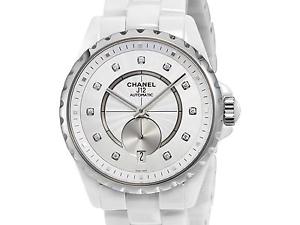 Auth CHANEL J12 36.5mm White Ceramic Diamonds Quartz Watch H4345