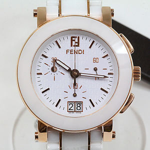 FENDI Watch F672140 Ceramic GP White Chronograph Quartz Mens Free Ship NOS #1234
