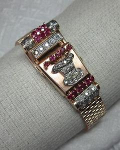 Art Deco Retro 1CT Diamond 1CT Ruby Wittnauer Watch Bracelet 14K Rose Gold c1930